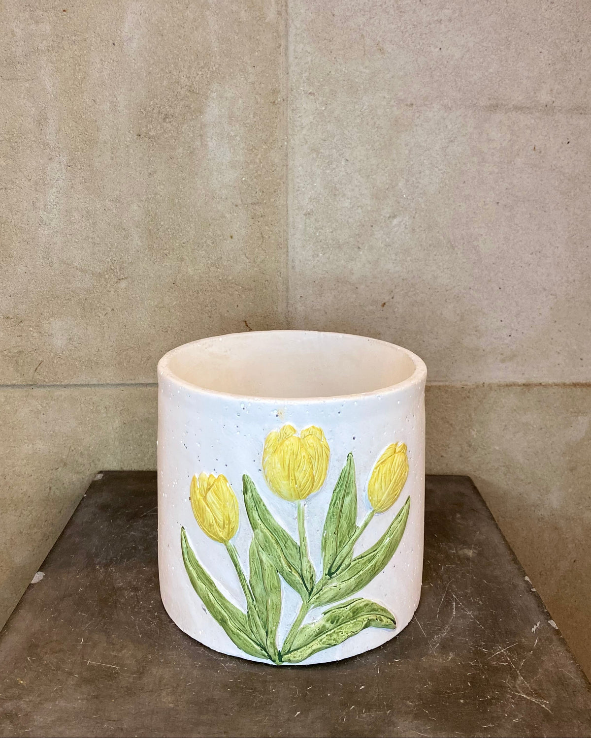 White Cement Planter with Yellow Tulip